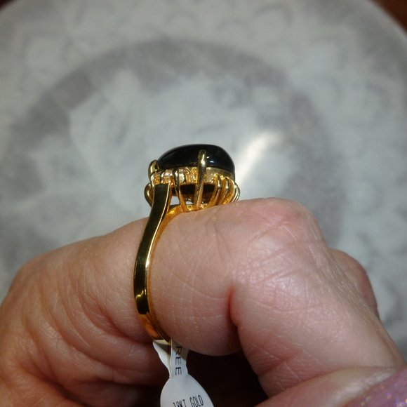 18k Yellow Gold EP Onyx Cubic Zirconia Dolphin Ore Ring - Picture 10 of 13